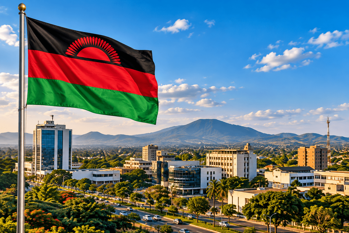 Malawi flag and Lilongwe cityscape